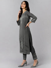Women Grey Solid Embroidered Kurta Trousers With Dupatta 1